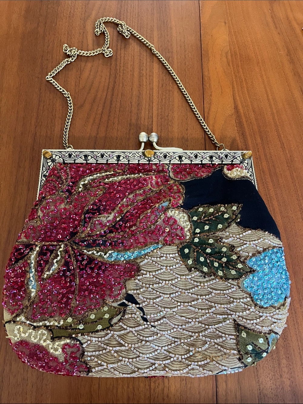 Vintage Cristiana Embellished Floral Sequin Evening Bag Pink tan shoulder chain